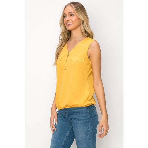 Perseption - Zipper Placket Front V Neck Sleeveless Knit Top
