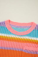 Pink Striped Color Block Hollow Crochet 3/4 Sleeve T Shirt