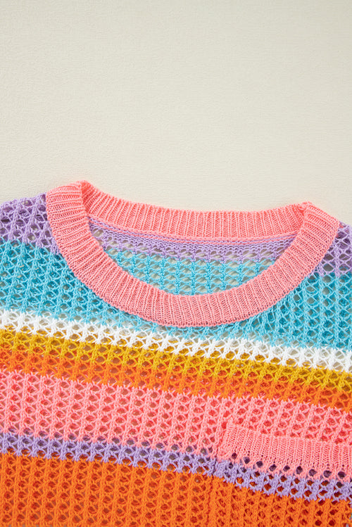 Pink Striped Color Block Hollow Crochet 3/4 Sleeve T Shirt
