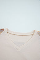 Beige Paisley Ethnic Print Waffle Patchwork Long Sleeve Loose Top