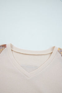 Beige Paisley Ethnic Print Waffle Patchwork Long Sleeve Loose Top