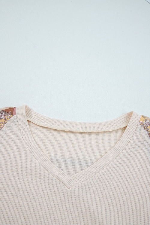 Beige Paisley Ethnic Print Waffle Patchwork Long Sleeve Loose Top