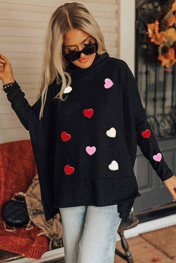 Black Valentines Chenille Heart Patched Dolman Sleeve High Neck Split Top