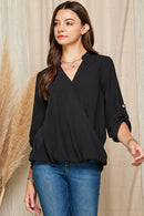 Shopin LA - SP4732T-24926- WOMEN SOLID WRAP CROSSOVER BLOUSE