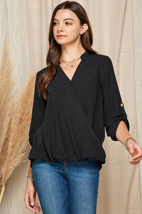 Shopin LA - SP4732T-24926- WOMEN SOLID WRAP CROSSOVER BLOUSE