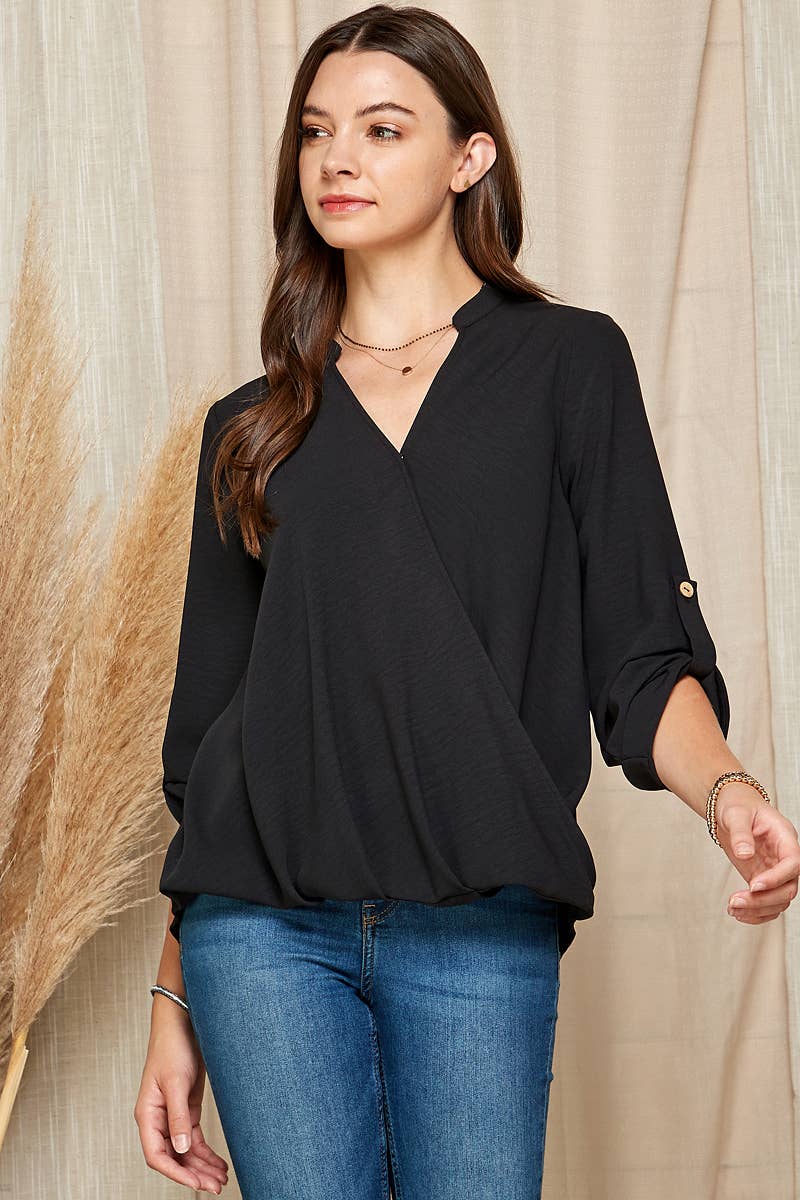 Shopin LA - SP4732T-24926- WOMEN SOLID WRAP CROSSOVER BLOUSE