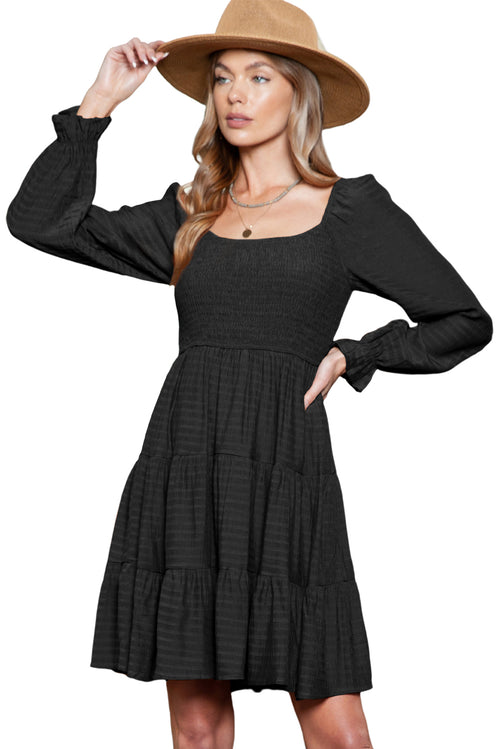 Brown Long Sleeve Smocked Tiered Boho Dress