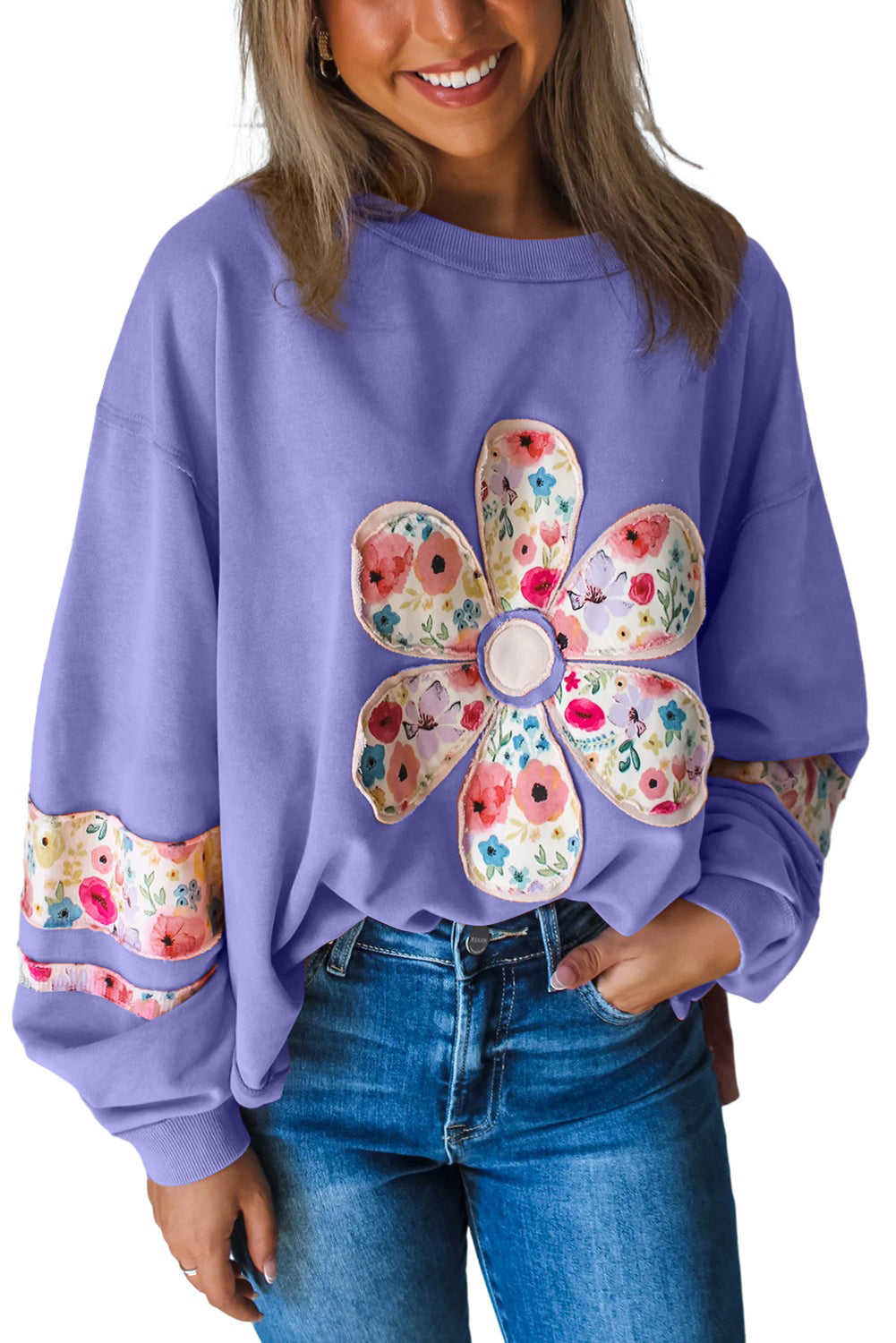 Peach Blossom Flower Applique Patchwork Drop Sleeve Pullover Sweatshirt