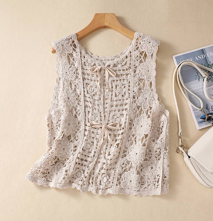 Hope & Sunshine - Crochet Lace-Up Open Knit Cardigan