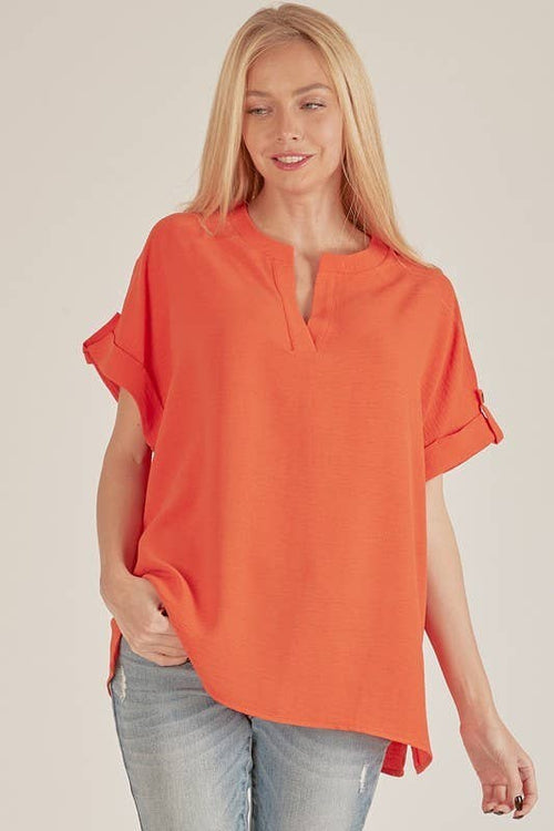 Shopin LA - SPT5211. WOMEN SHORT BUTTON SLEEVE FRONT SLIT LOOSE FIT TOP