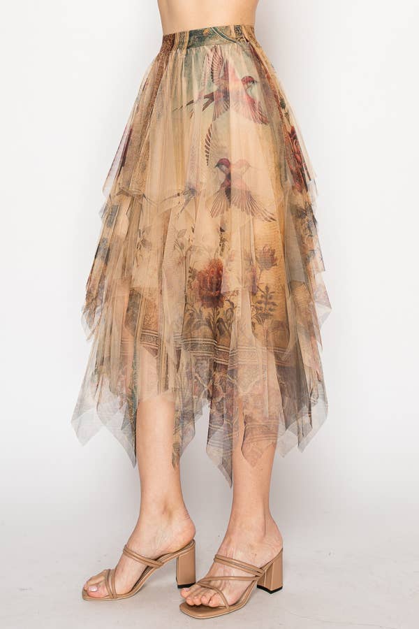 Origami Apparel ~  Lace and Crochet inspired - Dreamy Tiered Tulle Midi Skirt With Floaty Hem - 4546TP VINTAGE BIRD