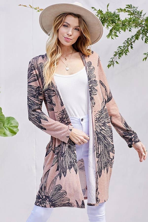 Shopin LA - SG21021-2087 - WOMEN FLORAL PRINT SOFT POCKET CARDIGAN