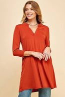 Shopin LA - Q2019D- WOMEN SOLID 3/4 SLEEVE MOCK V NECK TUNIC DRESS