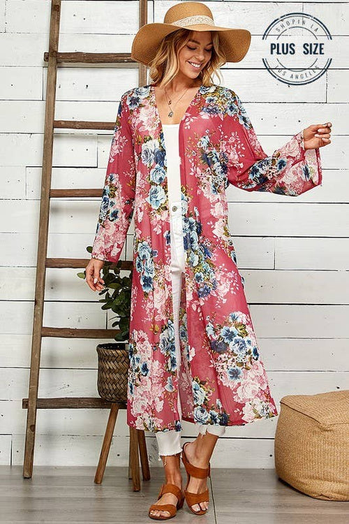 Shopin LA - SG21050AP - PLUS FLORAL PRINT MESH KIMONO WITH SIDE SLIT