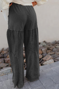 Mineral Wash Tiered Wide Leg Patchwork Drawstring Pants