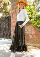 Young Threads - Women Patchwork Embroidered Maxi Skirt With Side Pockets: CHARCOAL TRIM / REGULAR (S-M-L-XL 1-2-2-1)