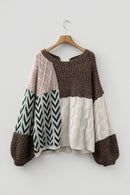 Brown Colorblock Patchwork Knotted Back Loose Fit Sweater