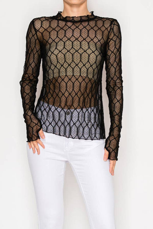 Origami Apparel ~  Lace and Crochet inspired - Sheer Lattice Mesh Long Sleeve Blouse - OLS-4866 BK