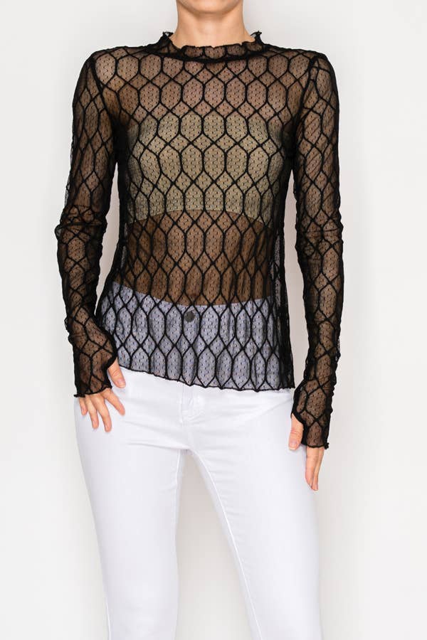 Origami Apparel ~  Lace and Crochet inspired - Sheer Lattice Mesh Long Sleeve Blouse - OLS-4866 BK