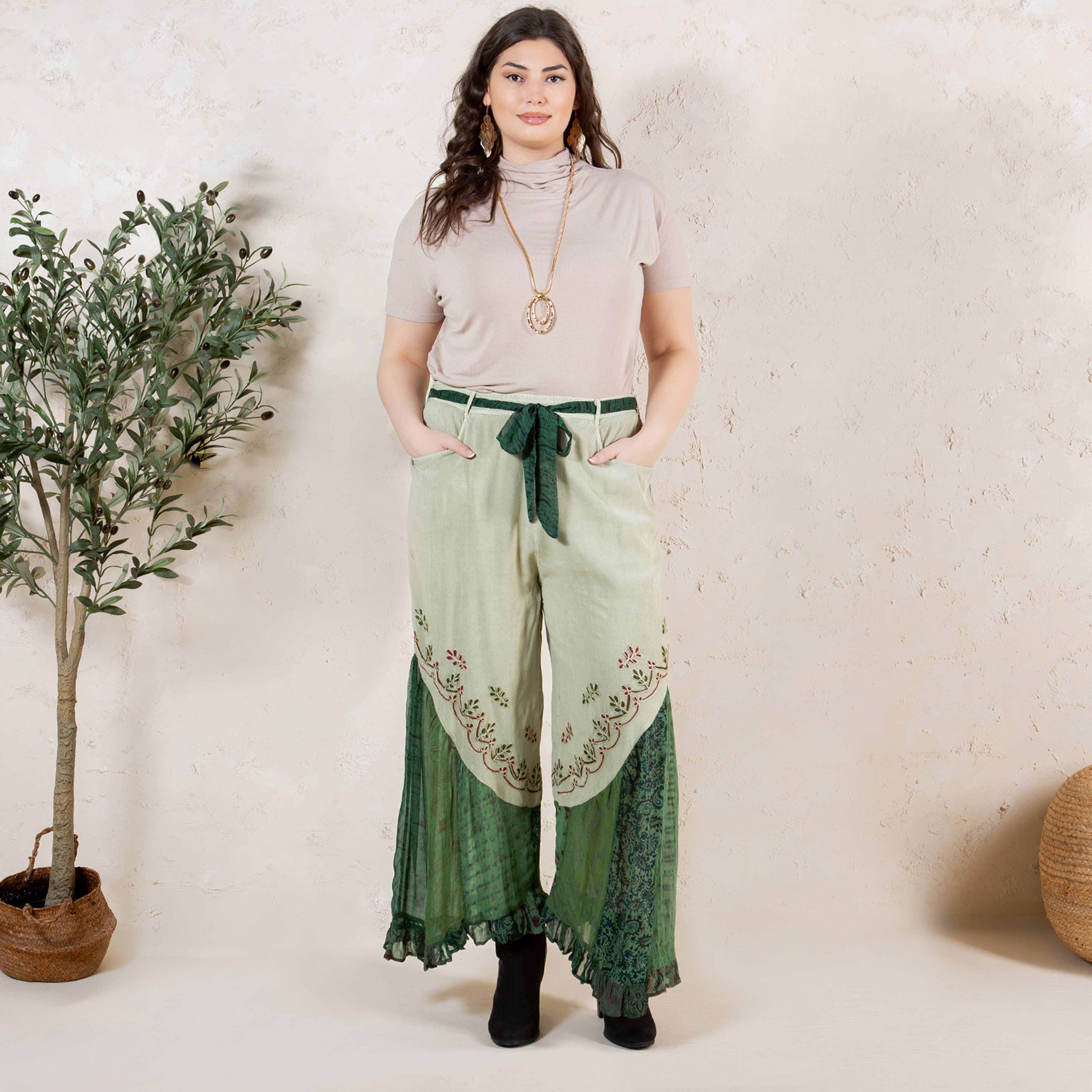Young Threads - Boho Overdyed Rayon Bellbottom Pants : Gravel / PLUS (XL-1X-2X-3X 1-2-2-1)