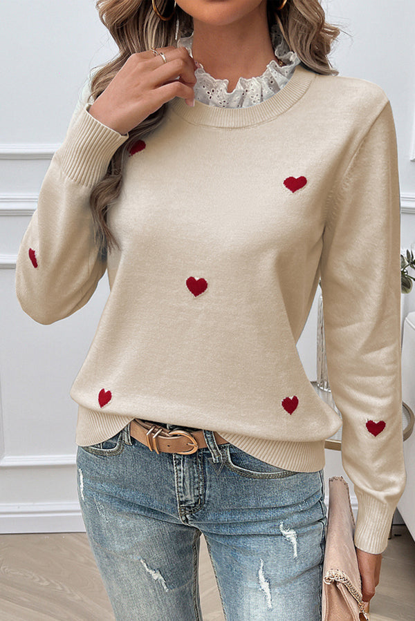 Beige Embroidered Heart Shaped Long Sleeved Sweater