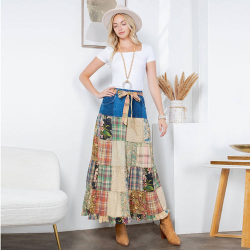 Young Threads - Western Boho Chic: Patchwork Belted Skirt  (New Color)