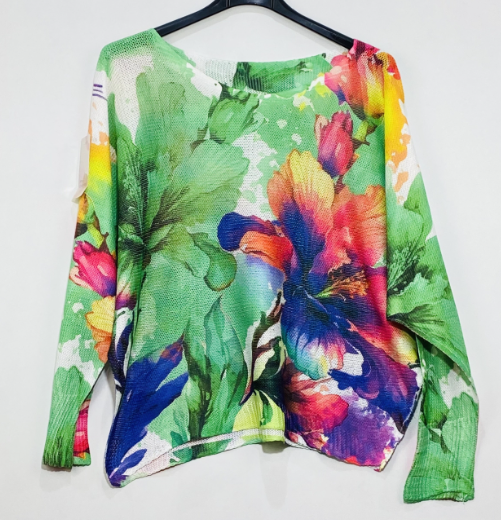 LOOWIE - 501 aqua green Floral Round Knit Printed Sweater LOOWIE