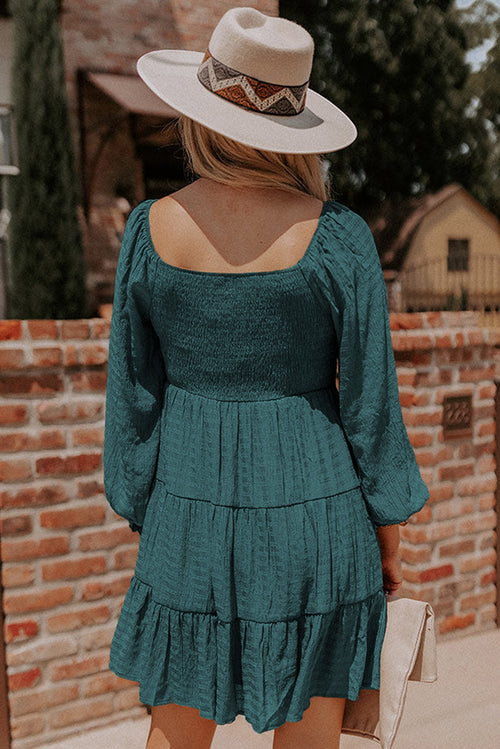 Brown Long Sleeve Smocked Tiered Boho Dress
