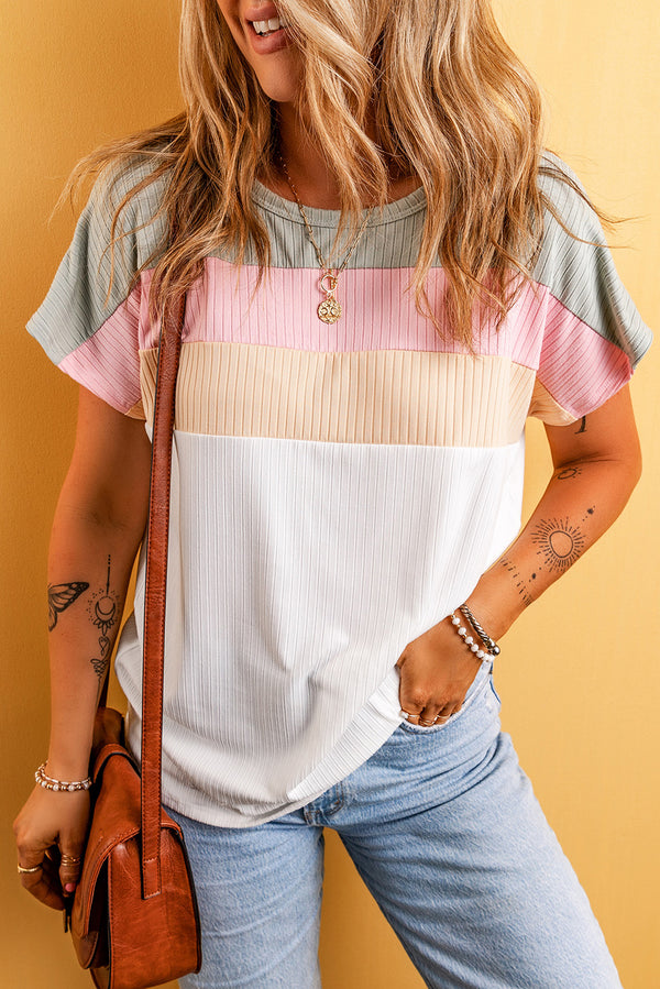 Moonlight Jade Ribbed Color Block Patchwork T shirt