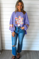 Peach Blossom Flower Applique Patchwork Drop Sleeve Pullover Sweatshirt