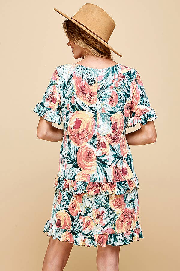Shopin LA - SD21025-1011 - WOMEN FLORAL SHORT SLV MIDI DRESS WITH RUFFLE