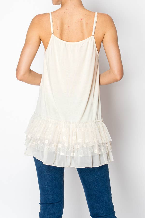 Origami Apparel ~  Lace and Crochet inspired - Adjustable Relaxed Cami Tank With Layered Ruffled Trim - T14 BEIGE