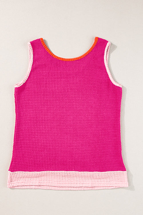 Rose Red Color Block Patched Pocket Waffle Knit Tank Top