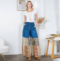 Young Threads - Boho chic Tiered Patch Inserted Denim &Knit Pants(New Color)