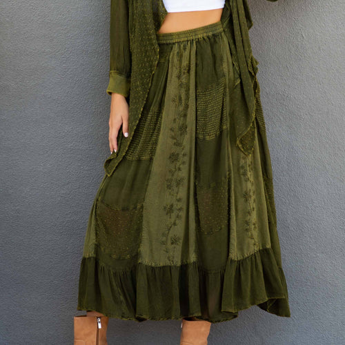 Young Threads - Women Patchwork Embroidered Maxi Skirt With Side Pockets: CHARCOAL TRIM / REGULAR (S-M-L-XL 1-2-2-1)