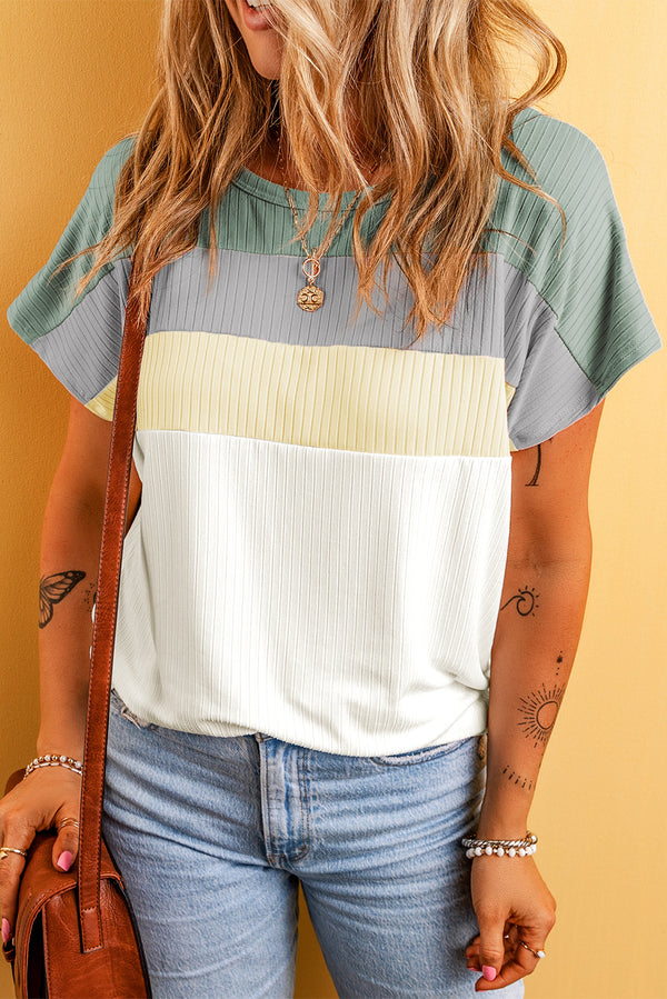 Moonlight Jade Ribbed Color Block Patchwork T shirt