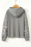 Gray Waffle Patchwork Drawstring Hooded Long Sleeve Top