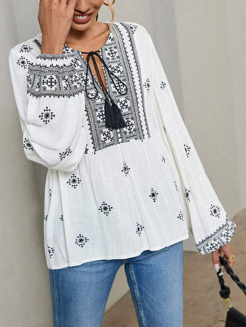 Hope & Sunshine - Boho Lantern Sleeve Tie-Neck Blouse