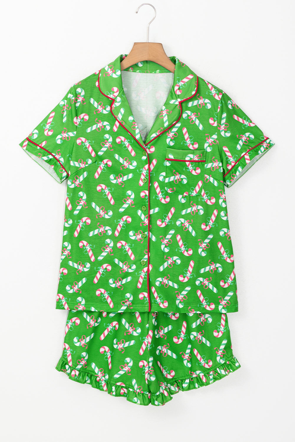 Red Christmas Candy Cane Print Pajama Set