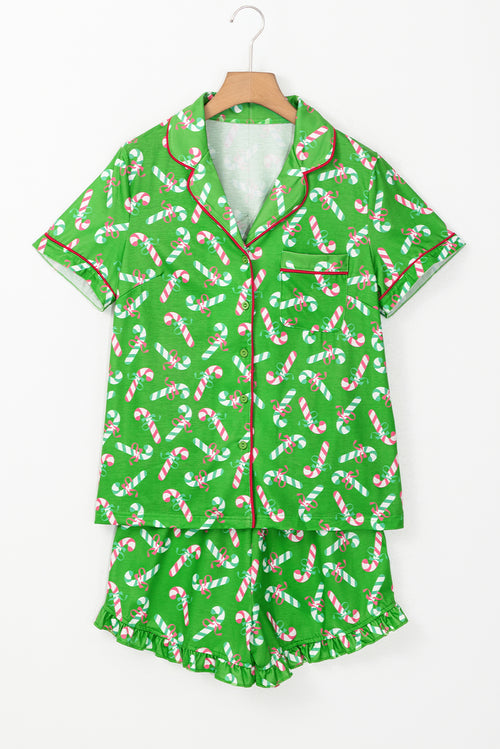 Red Christmas Candy Cane Print Pajama Set