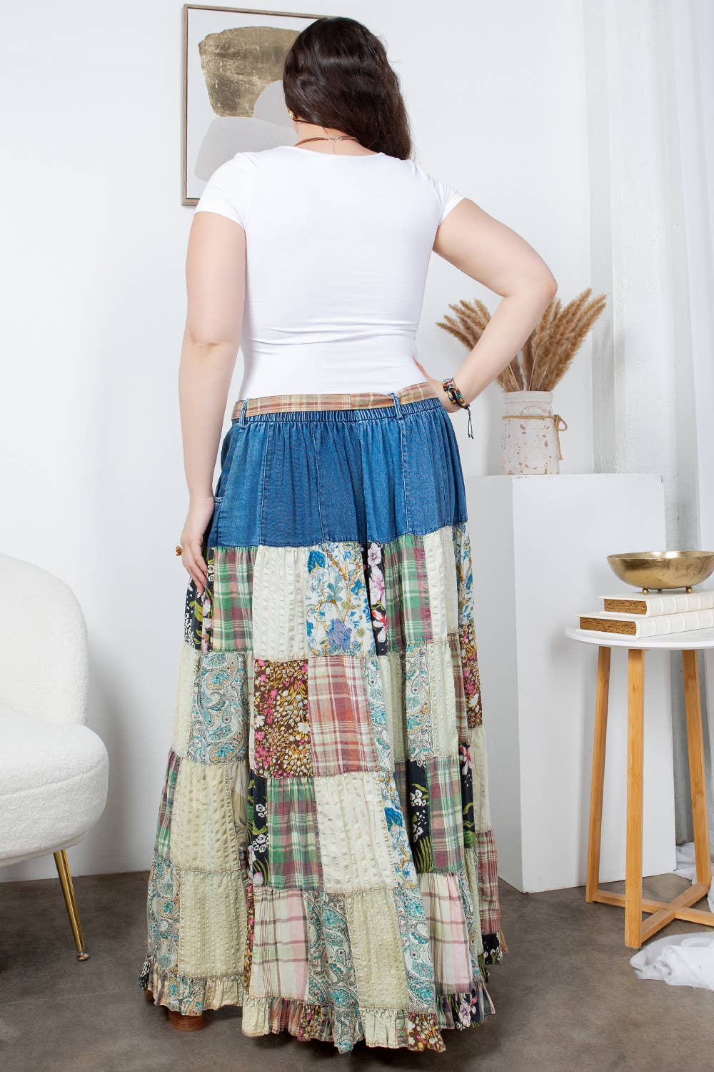 Young Threads - Western Boho Chic: Patchwork Belted Skirt  (New Color)
