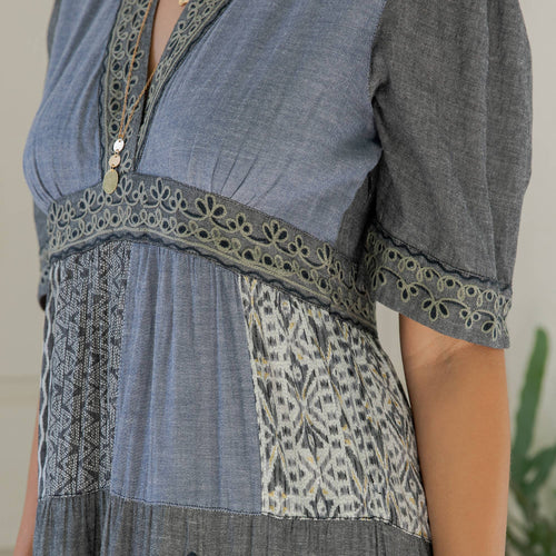 Young Threads - Eclectic Charm: Stone-Washed Rayon V-Neck Long Dress New