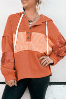 Gray Waffle Patchwork Drawstring Hooded Long Sleeve Top