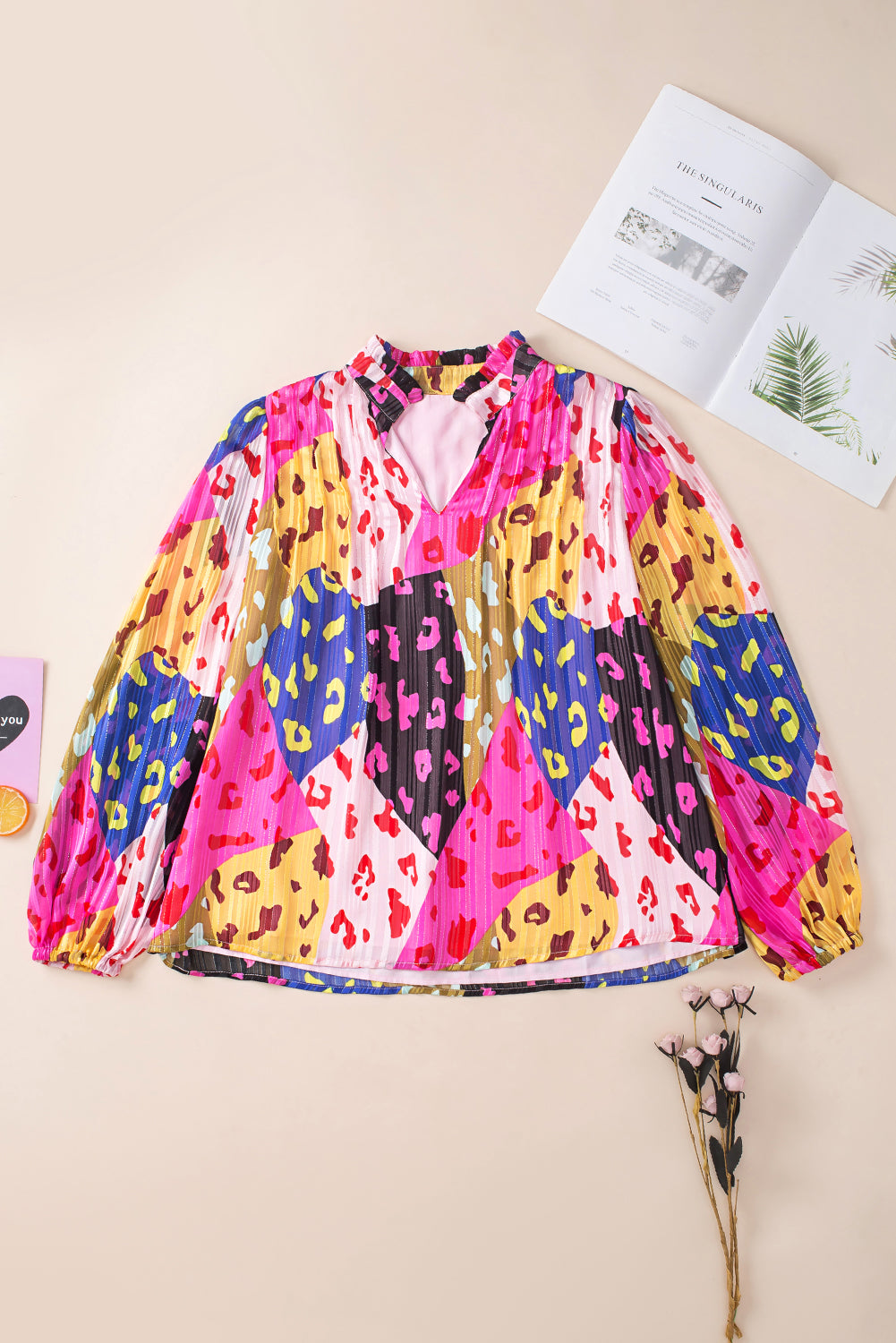 Orange Leopard Print Puff Sleeve Crinkle Blouse
