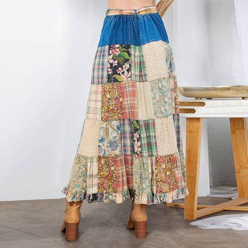 Young Threads - Western Boho Chic: Patchwork Belted Skirt  (New Color)
