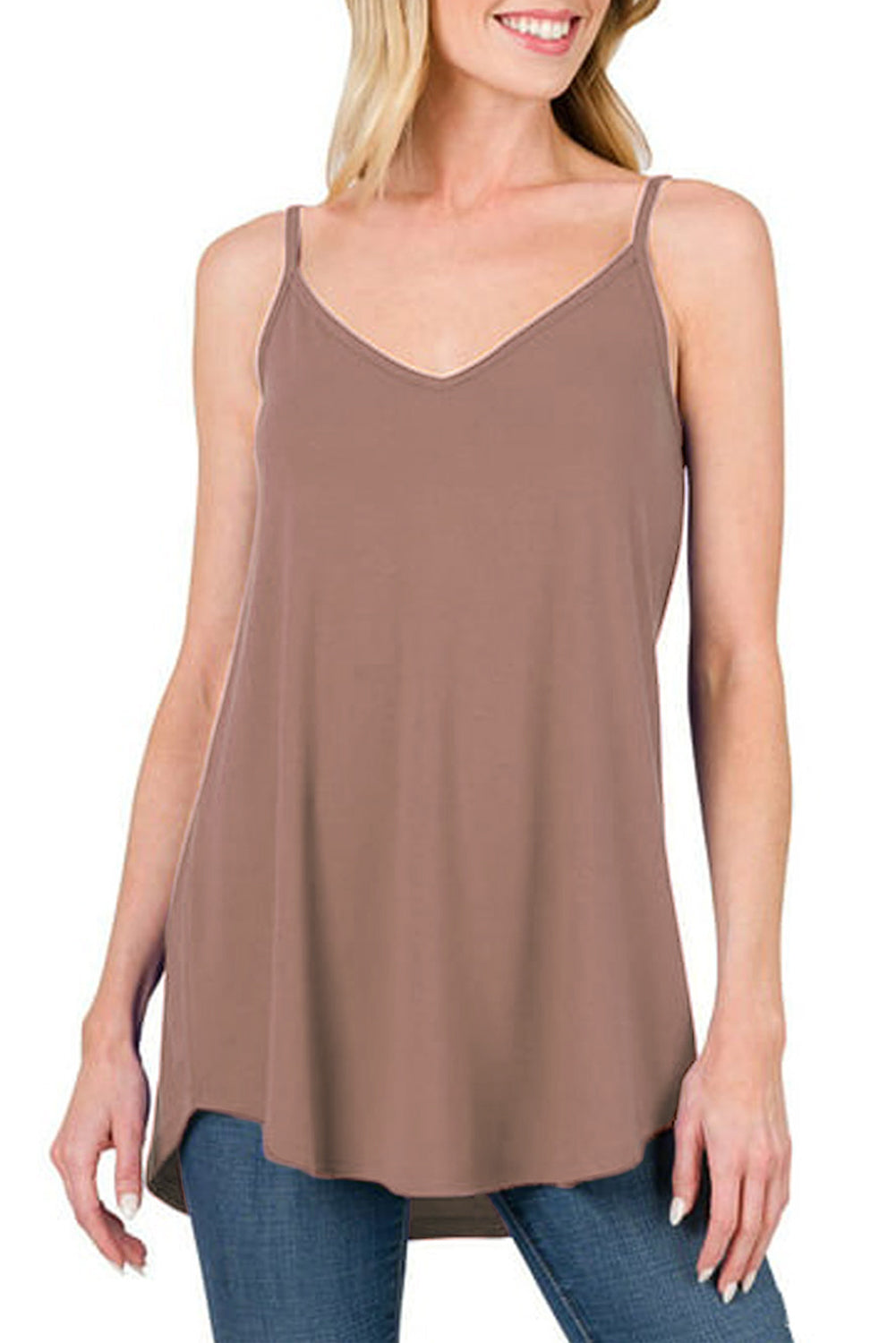 Blue Spaghetti Strap V Neck Flowy Tunic Cami Top