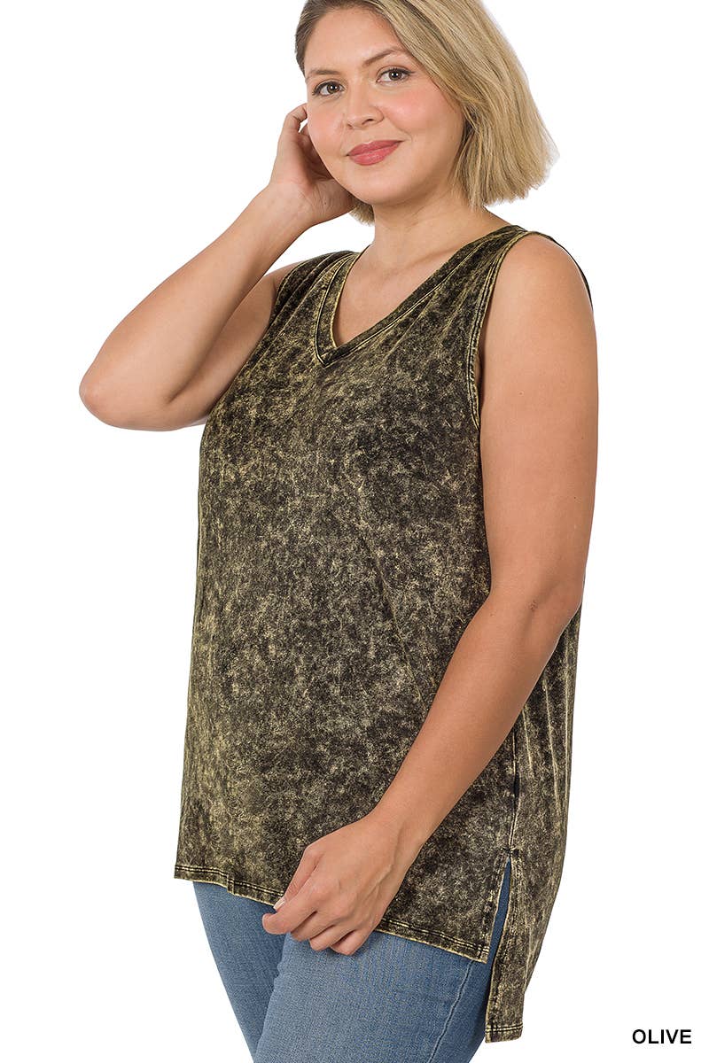 42POPS - ,,,,....SI-22151 Plus size Mineral Wash Top w/ Side Slit