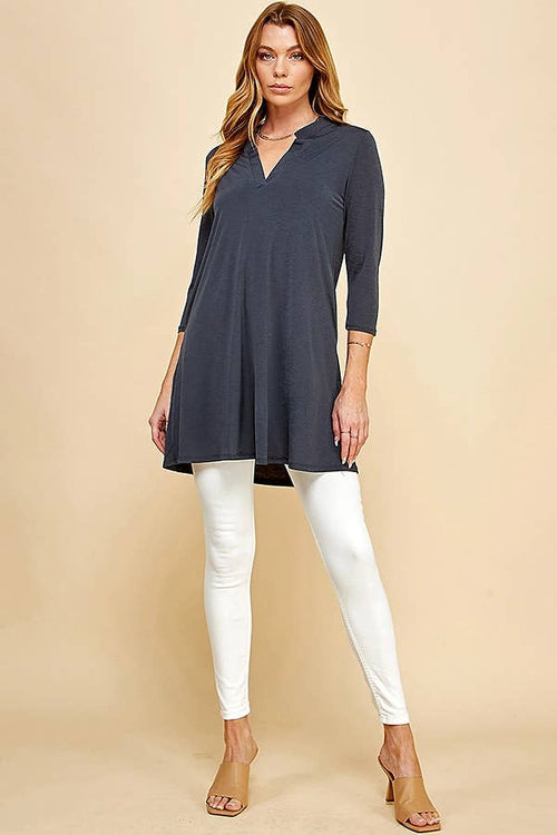 Shopin LA - Q2019D- WOMEN SOLID 3/4 SLEEVE MOCK V NECK TUNIC DRESS