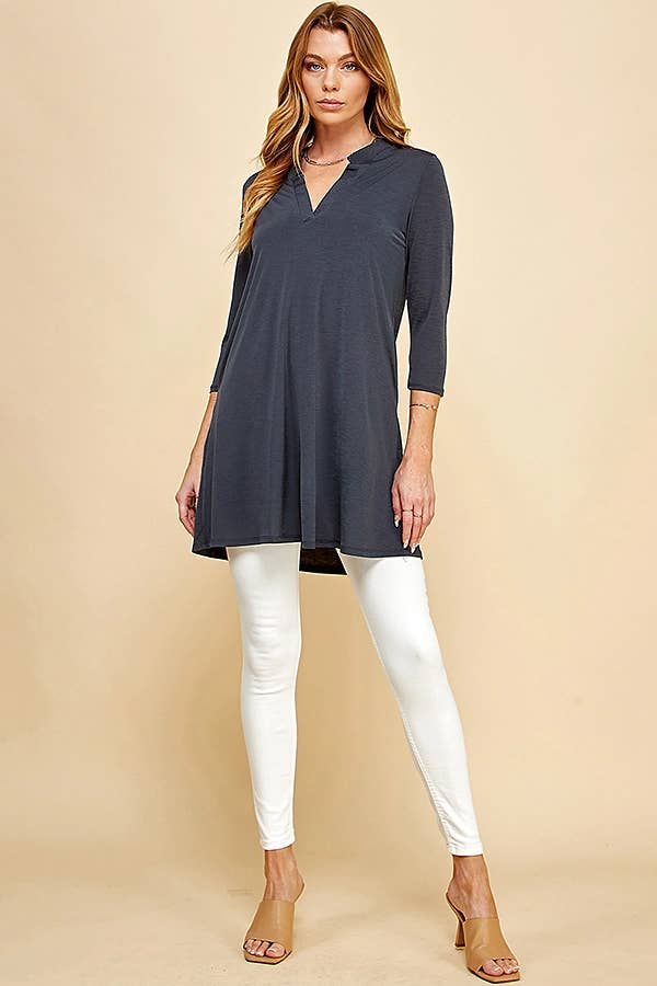 Shopin LA - Q2019D- WOMEN SOLID 3/4 SLEEVE MOCK V NECK TUNIC DRESS