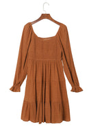 Brown Long Sleeve Smocked Tiered Boho Dress